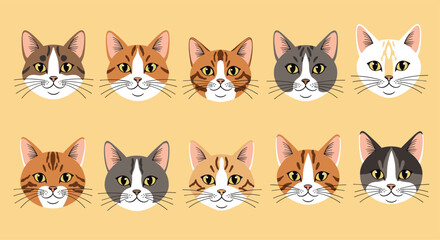 Obraz premium A variety of cute cartoon cat faces with different fur patterns and colors arranged in rows.