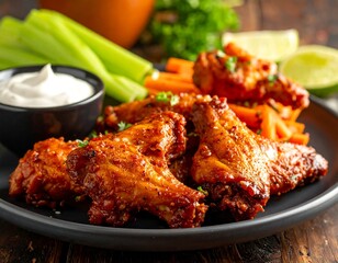 Spicy chicken wings, carrots, celery, and ranch