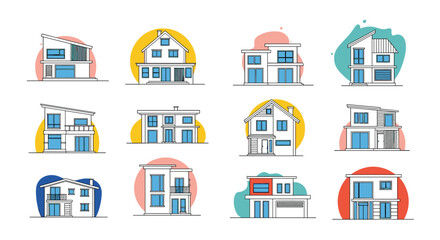 Fototapeta premium Collection of twelve modern house illustrations with colorful abstract backgrounds.
