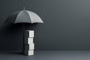 Umbrella Shielding Stacked Cubes — Risk Protection Concept (3D Minimal)