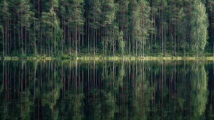 Obraz premium order. Calm lake mirroring a pine forest in symmetrical reflection under tranquil morning light. travel magazines, destination branding, designed for travel destination branding, used by hr managers.