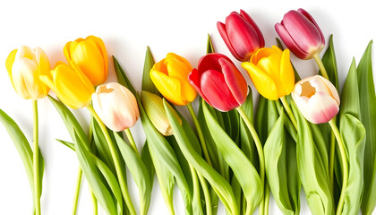 Obraz premium Flowers. Row of beautiful colorful tulips isolated on white background