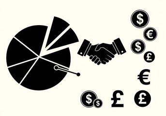 Secure global business deals with a handshake, visualize financial growth with clear data charts and diverse currency symbols representing international trade and investment success.