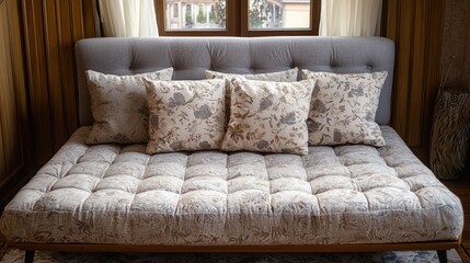A cozy living room with a large gray sofa adorned with patterned pillows and a wooden frame.