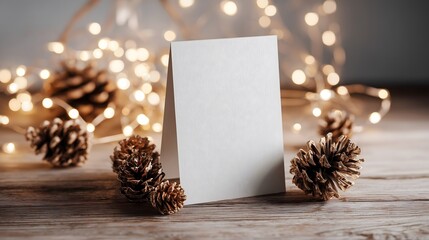 Blank Card Surrounded by Pinecones and Bokeh Lights