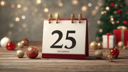 Festive calendar page displays December 25th surrounded by ornaments and gifts.