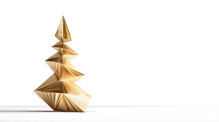 A striking golden geometric sculpture with sharp angles and a stacked effect against a clean white b