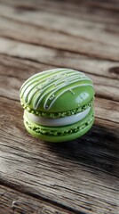 Green Macaron With White Icing And Sprinkles On Wood