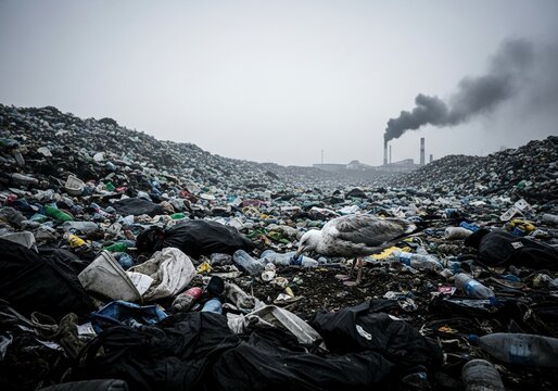 Lone seagull forages amidst vast mountains of plastic waste with distant smoking factory chimneys on an overcast day highlighting environmental crisis