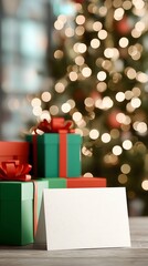 Christmas Gifts and Blank Card with Bokeh Lights