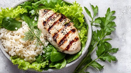 Healthy and delicious grilled chicken breast served over rice and fresh greens.