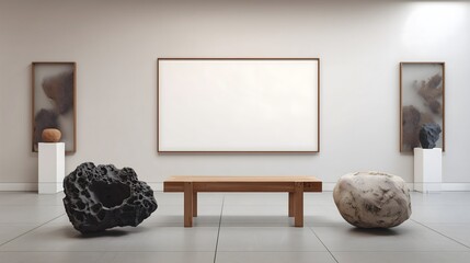 Modern Art Gallery Interior with Sculptures and Bench