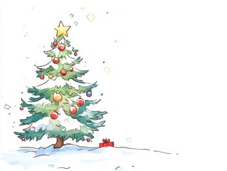 Christmas background in watercolor style for graphic design or wallpaper. A cartoonish rural village filled with white snow and beautifully decorated Christmas trees to welcome the Christian New Year.