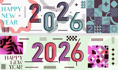 Abstract geometric 2026 new year banner set with memphis design patterns in dual color schemes for modern social media and digital celebrations