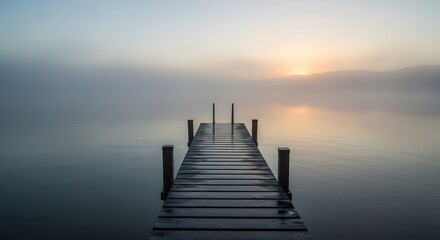 Obraz premium Wooden pier extending into a misty lake at sunrise with soft golden light breaking through the fog