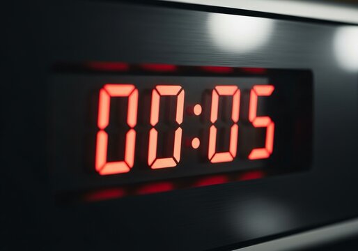 Dramatic countdown timer displays five seconds with vibrant red digital numerals glowing intensely against a dark, modern background, perfect for urgency and anticipation.