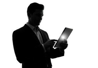 Professional businessman silhouetted against bright background confidently interacting with a sleek digital tablet showcasing modern technology and business innovation