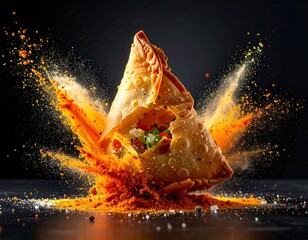 Spicy samosa in mid-air, surrounded by spice explosion