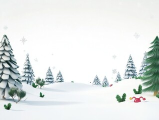 Christmas background in watercolor style for graphic design or wallpaper. A cartoonish rural village filled with white snow and beautifully decorated Christmas trees to welcome the Christian New Year.