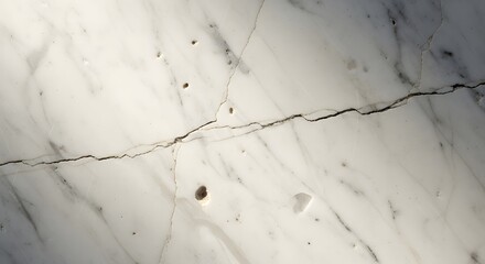 Close up of a thin jagged crack running diagonally across a textured light colored surface with subtle veining