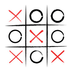 Hand-drawn tic tac toe game grid showing xs and os near victory