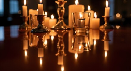 Candles burning on a table with a dark background.