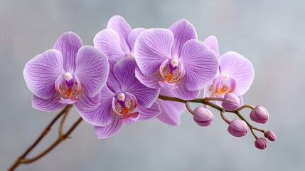 Delicate Purple Orchid Flowers With Pink Speckles Bloom On A Stem With Buds In Macro Close Up Against A Softly Blurred Grey Background In Natural Light