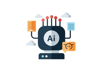 Modern artificial intelligence robot processing data with speech bubble, symbolizing smart technology and innovation in a digital world