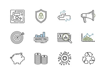 Dynamic icons showcasing business growth, marketing success, financial planning, security, efficiency, and technology innovation for modern corporate presentations and digital concepts.