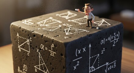 A small, cartoonish man standing on a large, textured concrete block with mathematical equations and diagrams drawn on it.