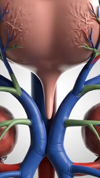 3D Animation of Human Urinary System with Kidneys, Bladder, Ureters and Vessels on White Background for Medical Study and Healthcare Advertising