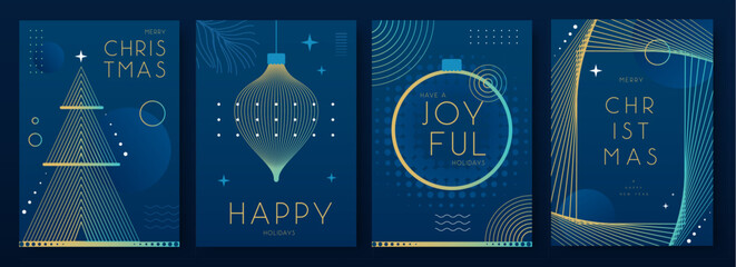 Set of Christmas holiday flat posters on blue background. Line art vector illustration. Futuristic Christmas greeting card design. Vector illustration