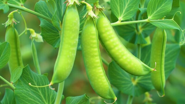 Lush green pea pods growing on vine in garden, foliage blurred, food, nature, healthy eating