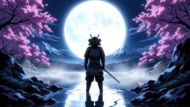 A lone samurai warrior stands in a tranquil lake under a giant full moon, surrounded by cherry blossoms and snowcapped mountains
