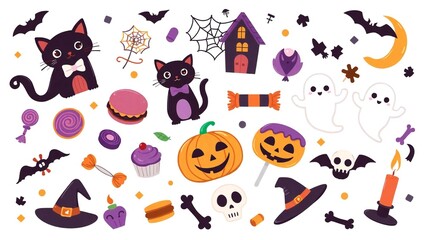 Cute halloween icons and symbols collection with black cats and pumpkins