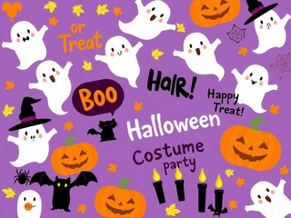 Cute cartoon ghosts pumpkins and halloween decorations on purple background