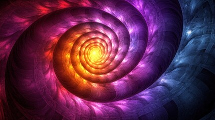 Intricate abstract spiral of glowing colors yellow, orange, pink, purple, and blue