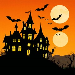 Spooky haunted mansion silhouetted against a full moon and orange sky with flying bats