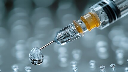Close up view of a syringe with a droplet at the needle tip against light