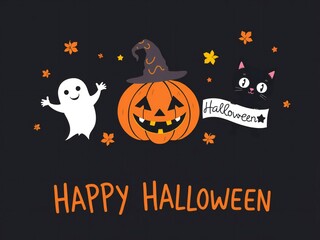 Cute halloween illustration with pumpkin ghost black cat and text