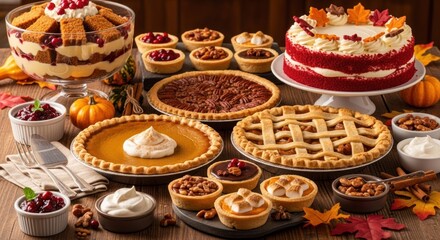 A table set with a variety of Thanksgiving desserts, including pies, cakes, and pastries.