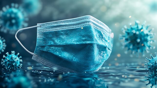Close up of a surgical mask with viruses around it on a reflective surface