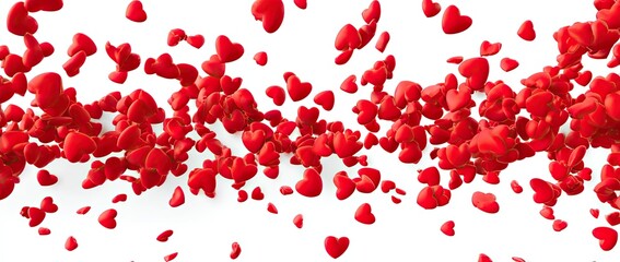 Many small red hearts appear to float in air against a bright white background