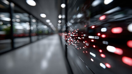 This image features a futuristic server hallway with glowing data displays, showcasing the blending of advanced technology and modern design in a digital environment.