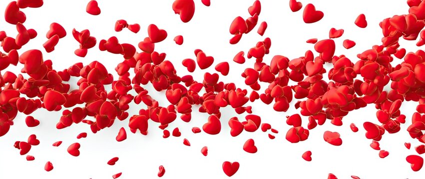 Many small red hearts appear to float in air against a bright white background
