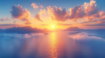 Obraz premium Majestic sunset over serene ocean, with sun's glow reflecting off water and distant peaks