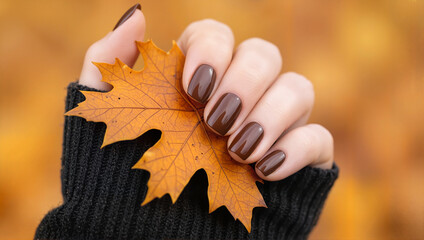 Autumn nails with brown tones and maple leaf