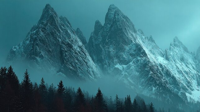 Majestic snow-capped mountains rise above a misty forest under a cold, blue sky - Powered by Adobe