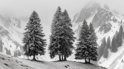 Monochrome shot of three snow-covered trees on a hill against a winter mountain range