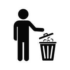 Silhouette of person disposing trash into a bin cleanup action symbol vector